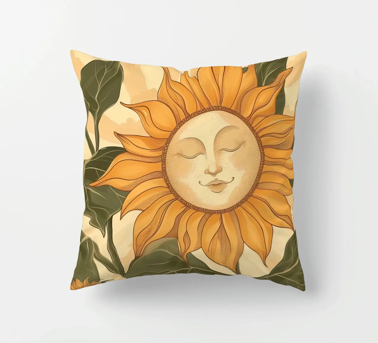 Girasole Smiley Face Retro Floral Boho Botanical Art cuscino da Gentle Echoes Art