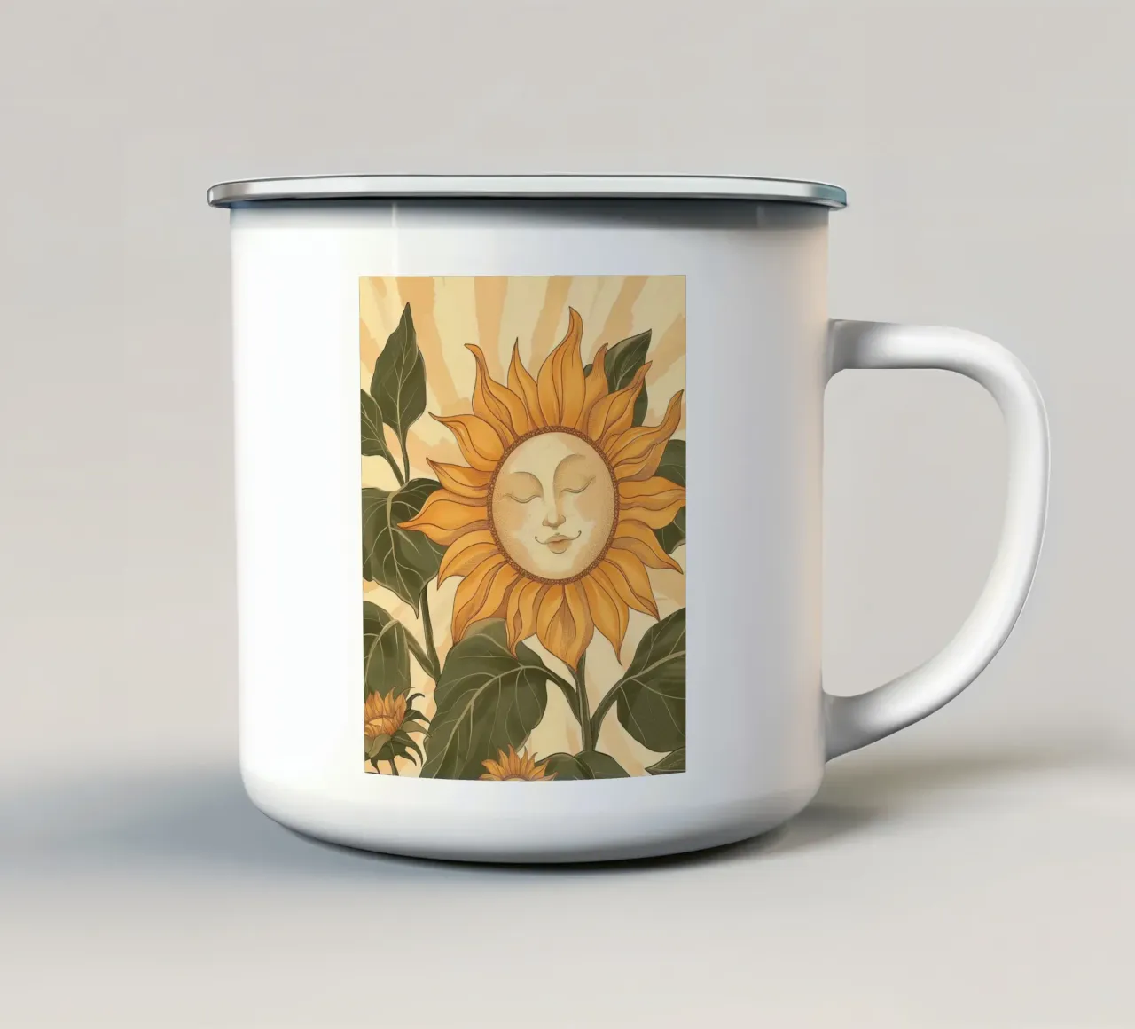 Girasole Smiley Face Retro Floral Boho Botanical Art tazza in smalto da Gentle Echoes Art