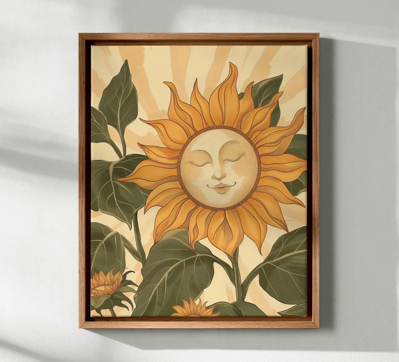 Zonnebloem Smiley Face Retro Bloemen Boho Botanische Kunst canvas met Baklijst van Gentle Echoes Art