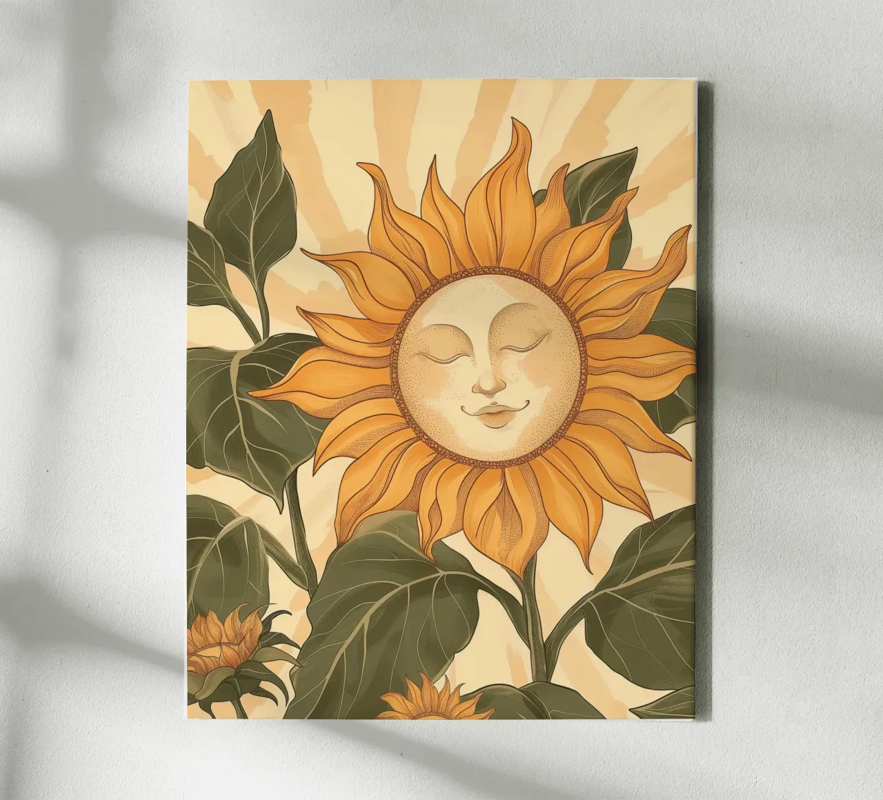 Zonnebloem Smiley Face Retro Bloemen Boho Botanische Kunst canvas met Baklijst van Gentle Echoes Art