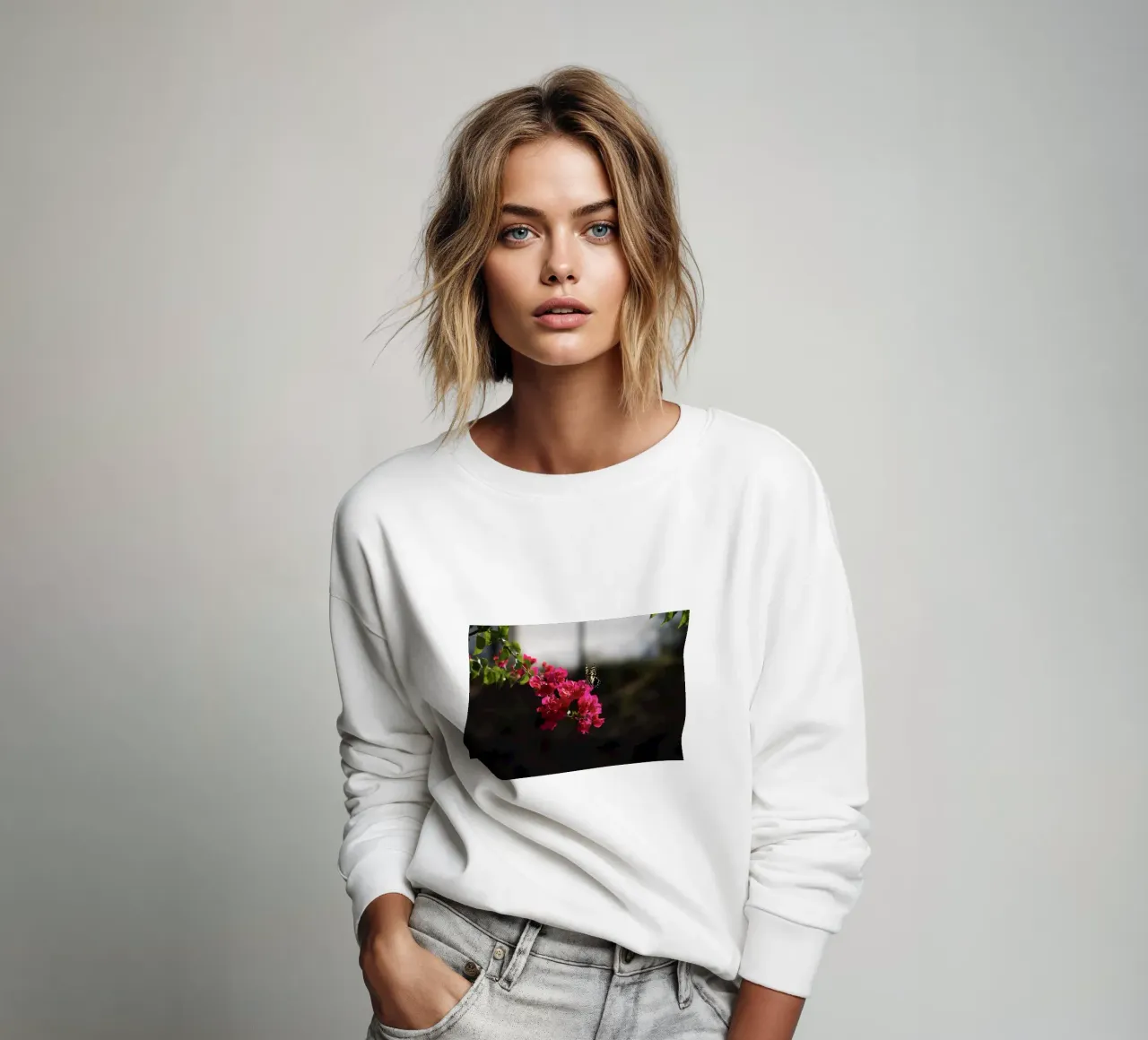 Butterfly on pink flowers sweatshirt by Léa Lefebvre Photography