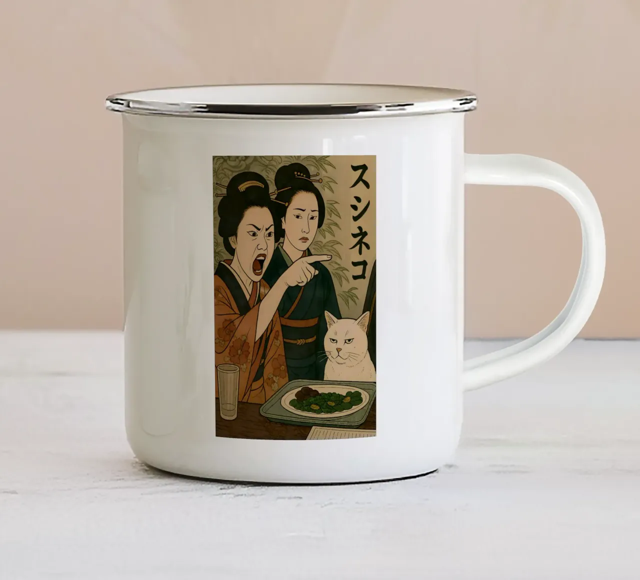 Woman Yelling at a Cat Japanese Meme tazza in smalto da Lootprint
