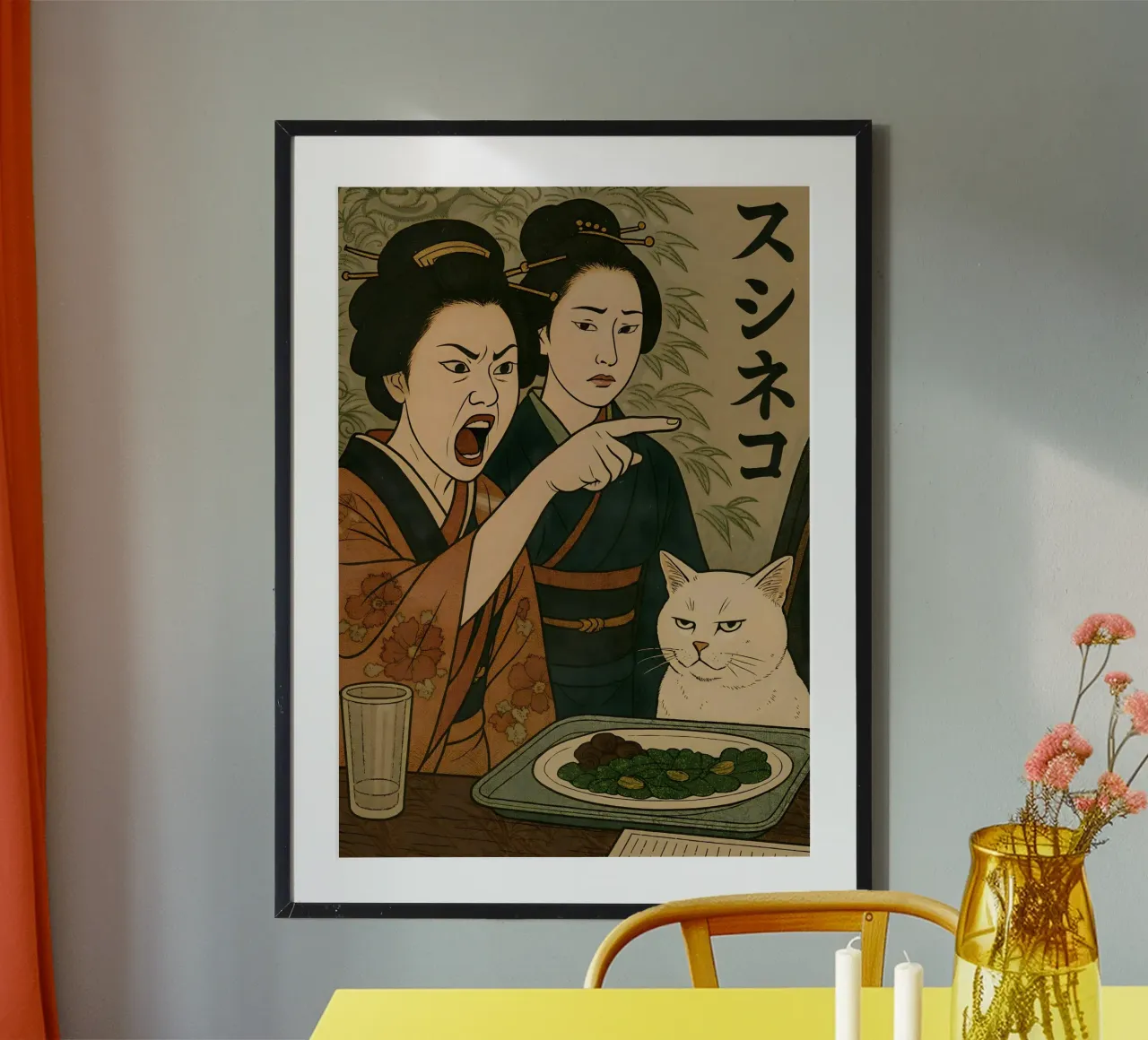 Woman Yelling at a Cat Japanese Meme poster con telaio in plastica da Lootprint