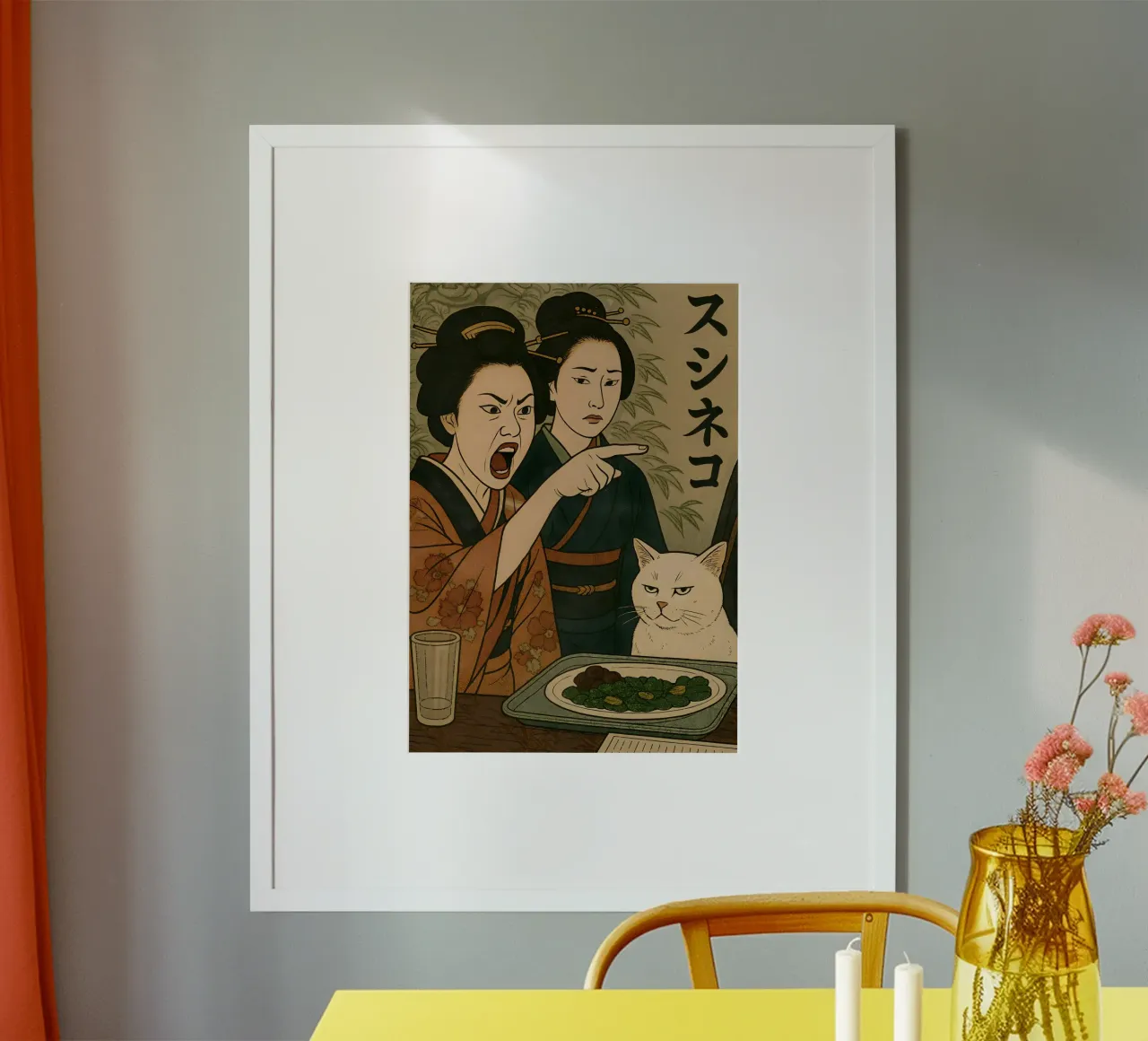 Woman Yelling at a Cat Japanese Meme poster con telaio in plastica da Lootprint