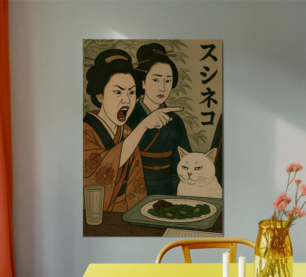 Woman Yelling at a Cat Japanese Meme poster con telaio in plastica da Lootprint