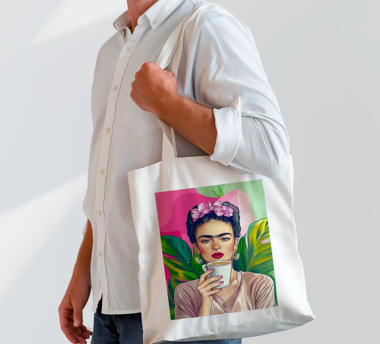Pausa caffè con Frida borsa in juta da Carinaprint