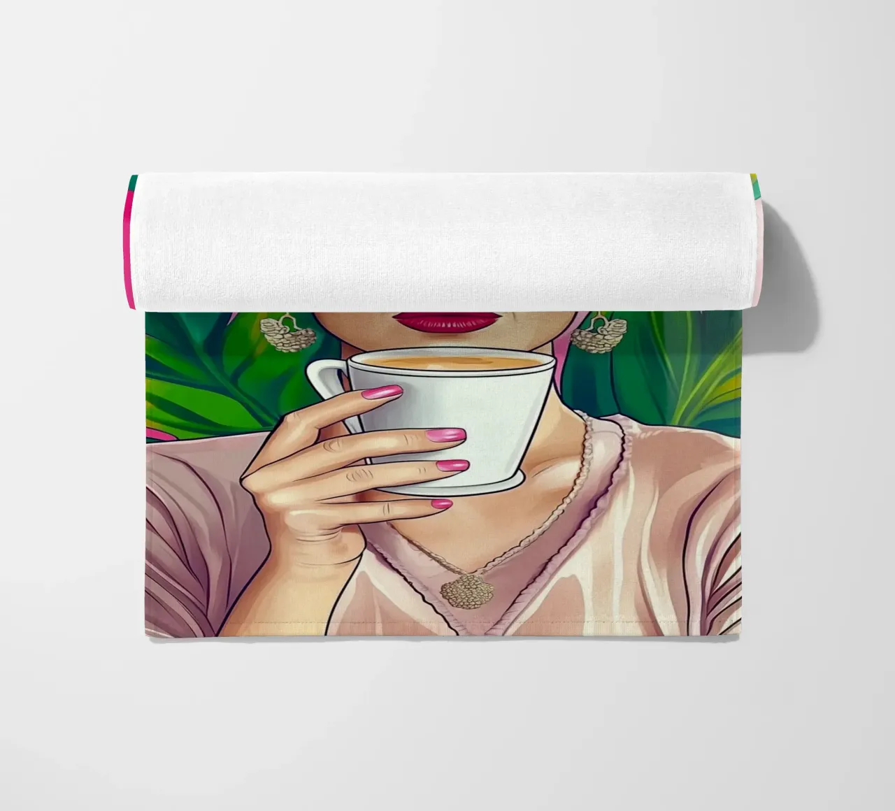 Pausa caffè con Frida telo mare da Carinaprint