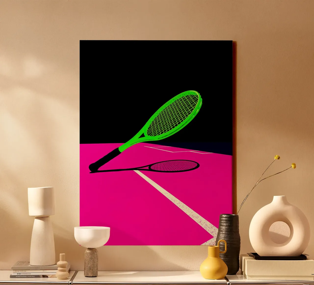 Tennisschläger - Pop Art Leinwand mit Schattenfugenrahmen von ColorCrash Gallery