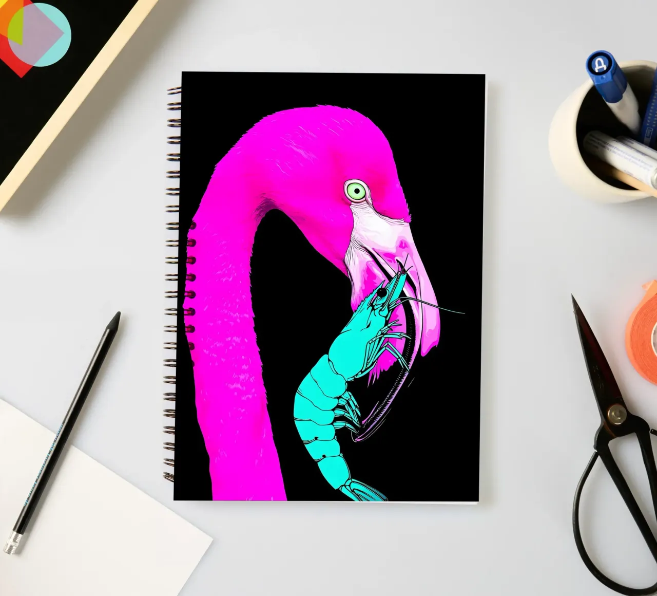 Flamingo And Shrimp - Pop Art spiral notebook by ColorCrash Gallery