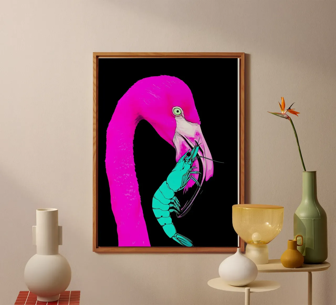 Flamingo And Shrimp - Pop Art alu-dibond by ColorCrash Gallery