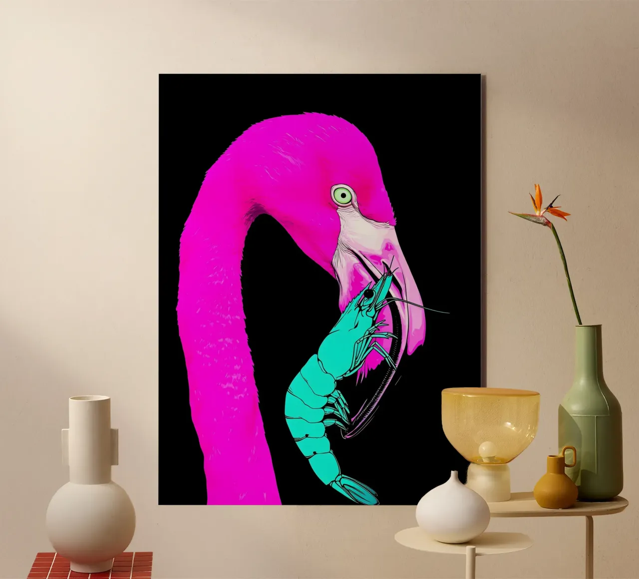 Flamingo And Shrimp - Pop Art alu-dibond by ColorCrash Gallery