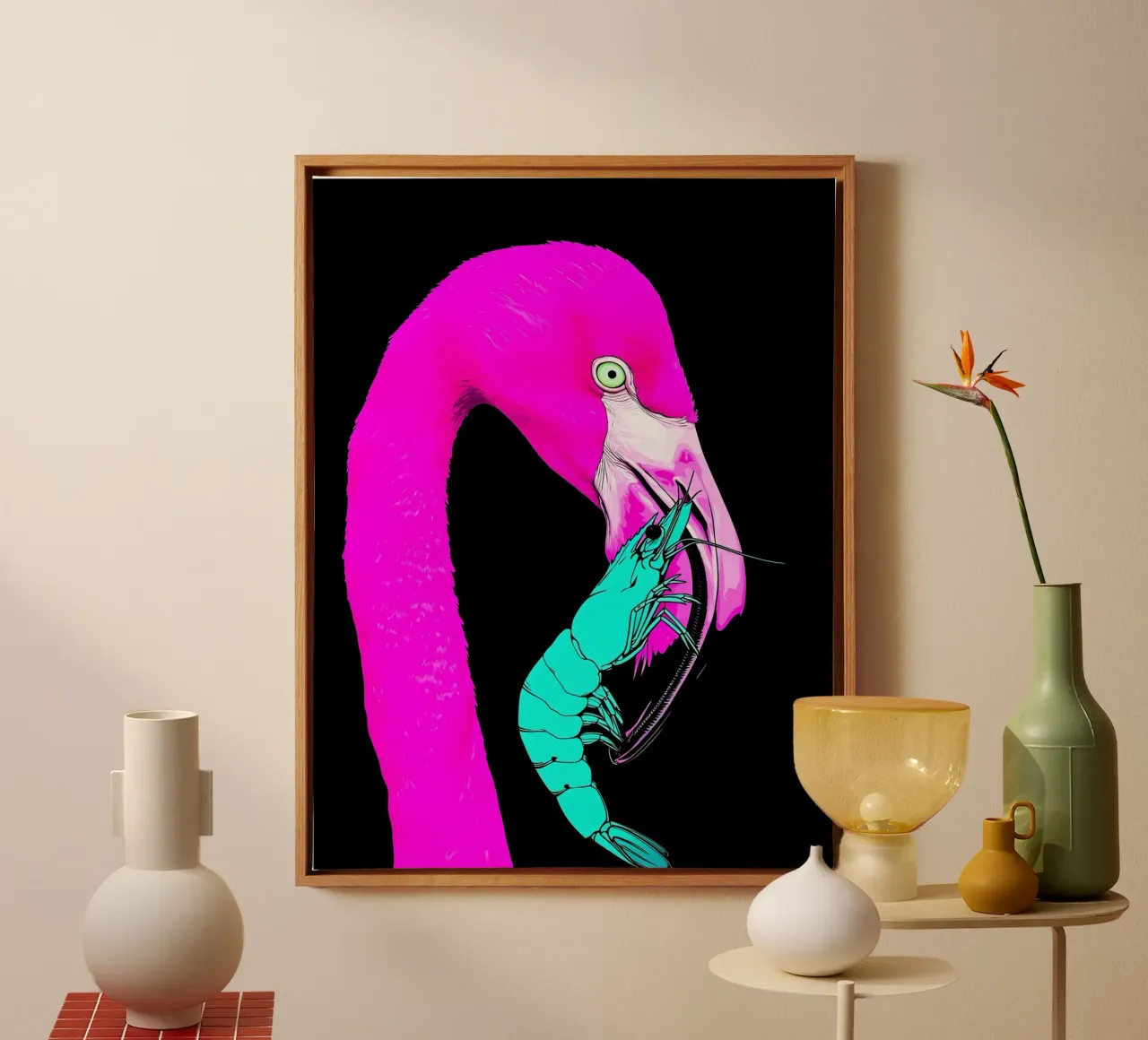 Flamingo And Shrimp - Pop Art canvas by ColorCrash Gallery