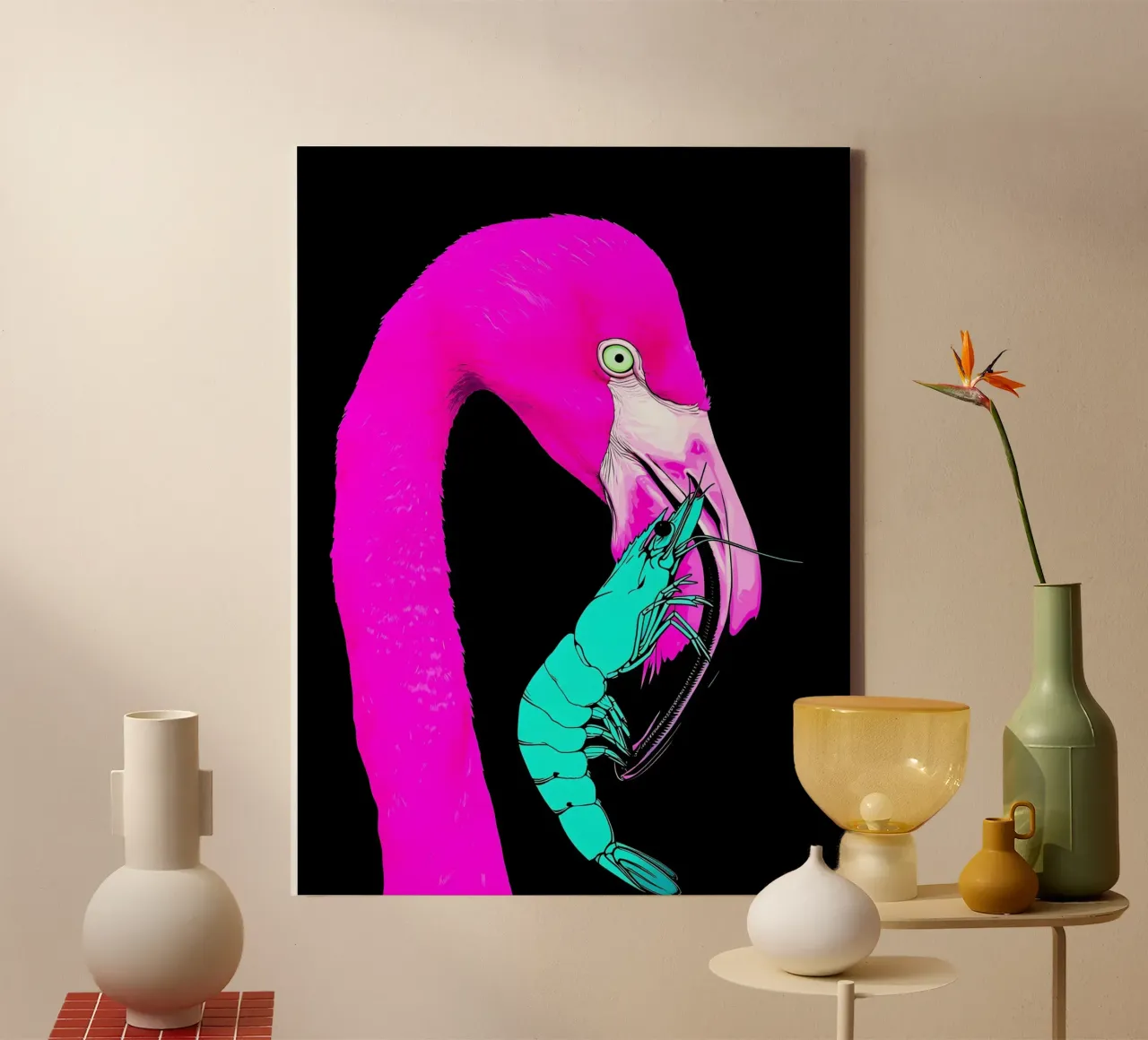 Flamingo And Shrimp - Pop Art canvas by ColorCrash Gallery