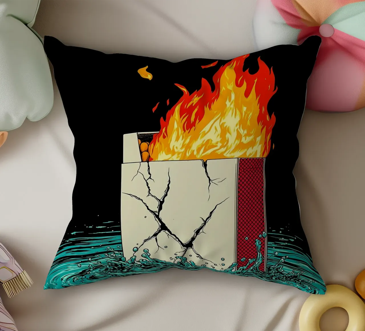 Scatola di sigarette in fiamme - Pop Art cuscino da ColorCrash Gallery