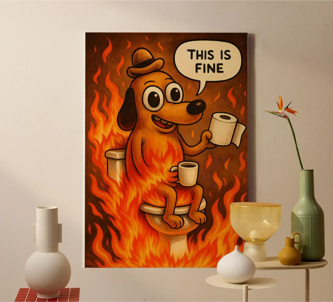 This Is Fine Toilet Meme tela con Cornice a cassetta da Lootprint