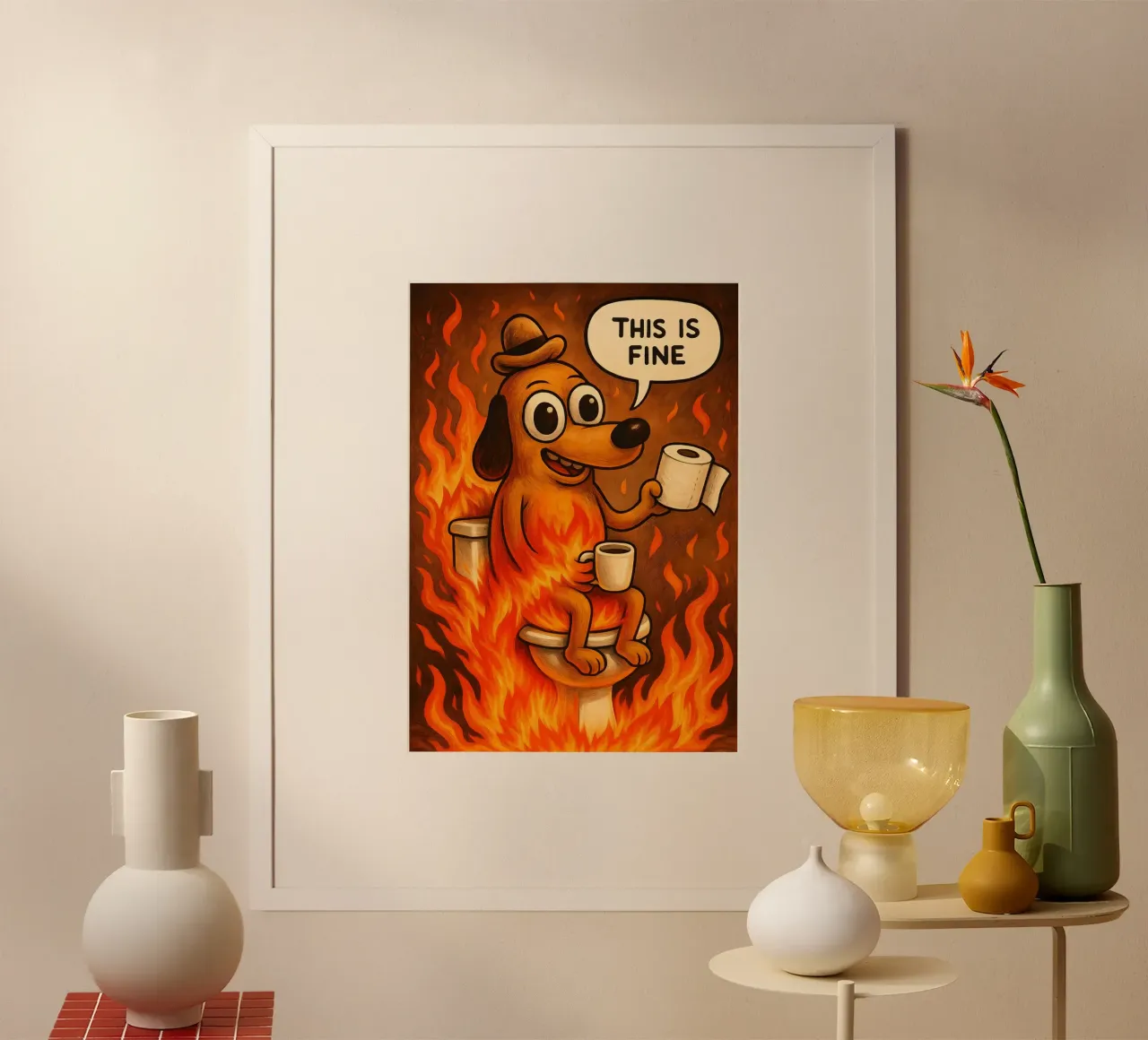 This Is Fine Toilet Meme poster con telaio in plastica da Lootprint
