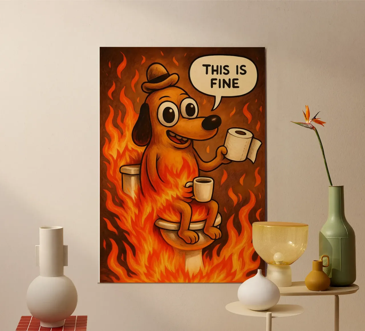 This Is Fine Toilet Meme poster con telaio in plastica da Lootprint