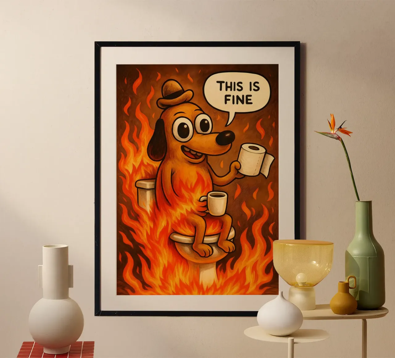 This Is Fine Toilet Meme poster con telaio in plastica da Lootprint