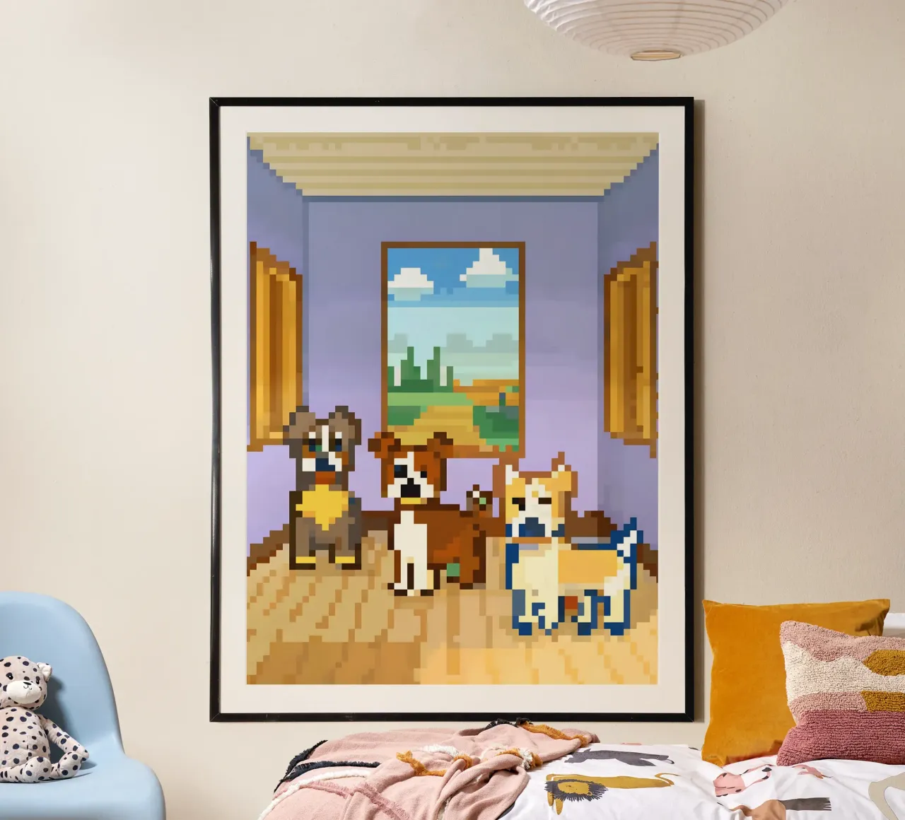Tre cani carini poster con telaio in legno da DOG AND CAT