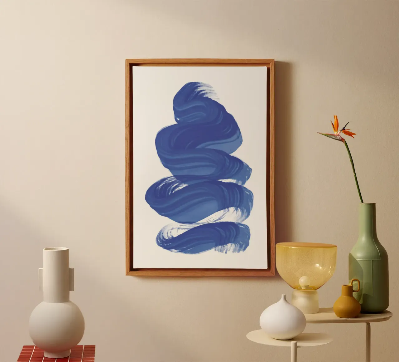 Pennellata astratta contemporanea di colore blu tela con Cornice a cassetta da Martina