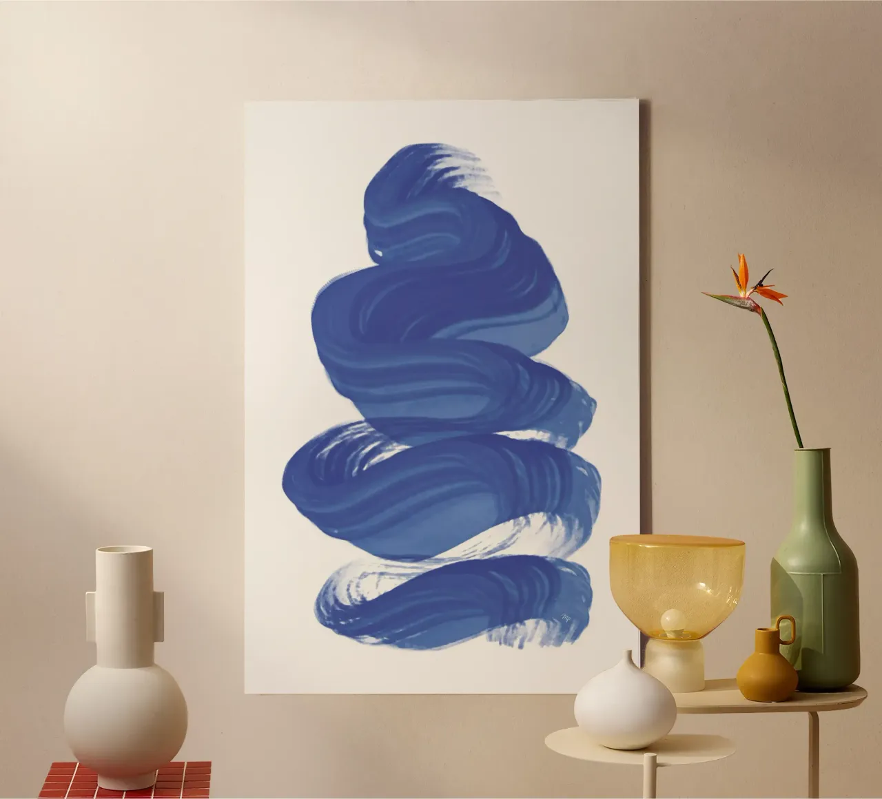 Pennellata astratta contemporanea di colore blu tela con Cornice a cassetta da Martina