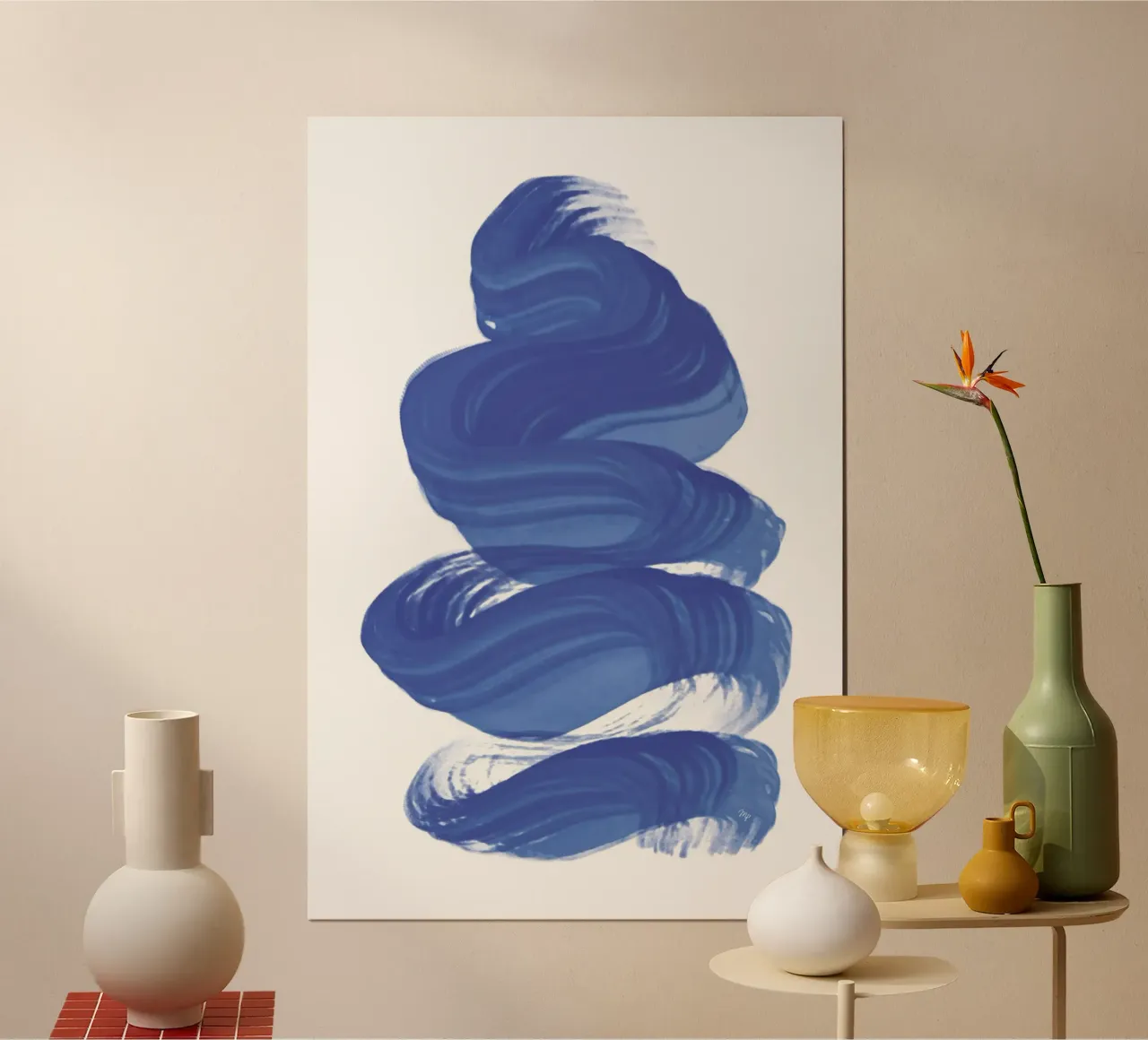 Pennellata astratta contemporanea di colore blu poster con telaio in legno da Martina