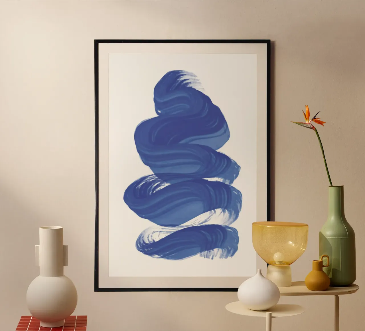 Pennellata astratta contemporanea di colore blu poster con telaio in legno da Martina