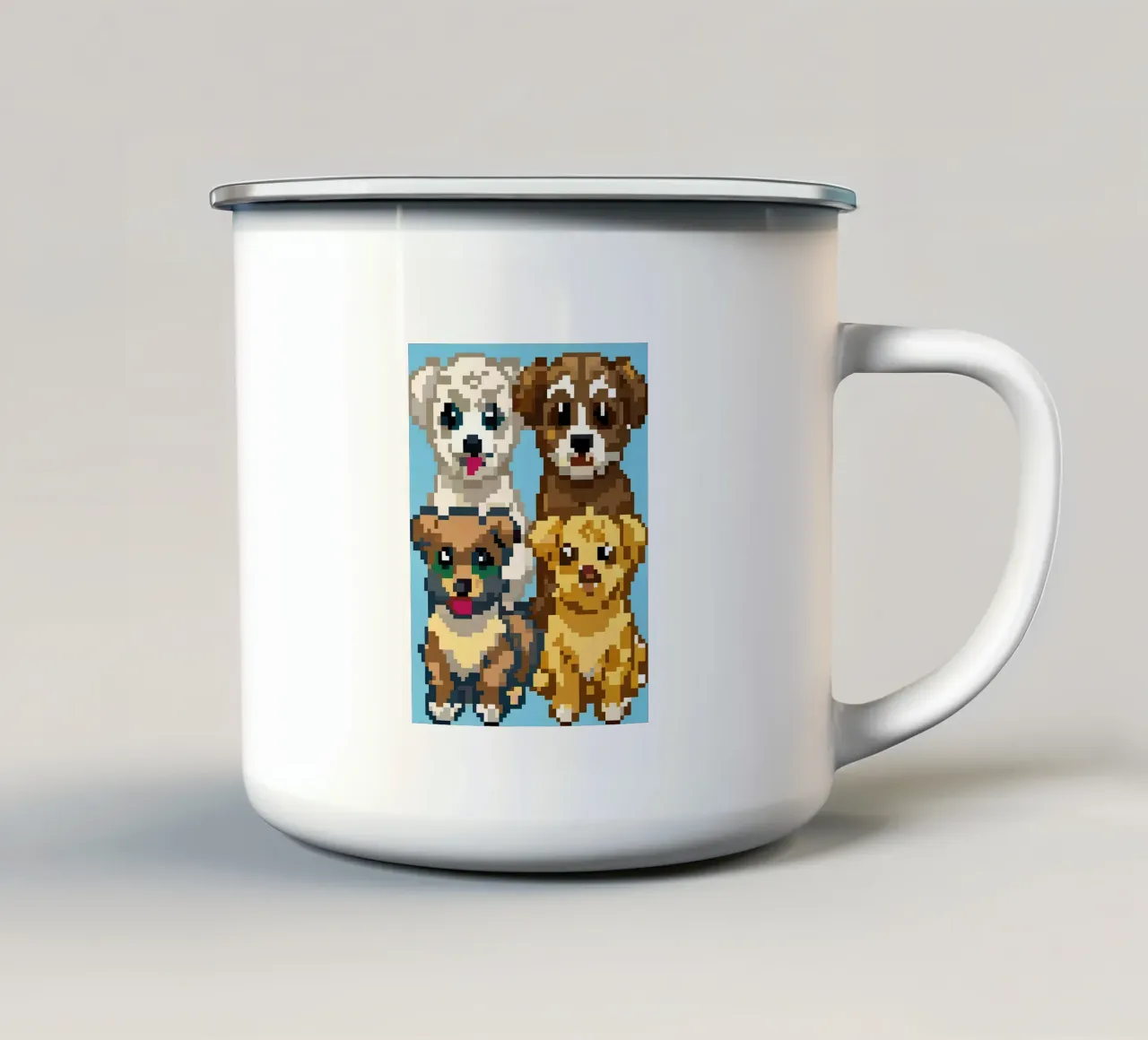 Vier Puppy's emaille mok van DOG AND CAT