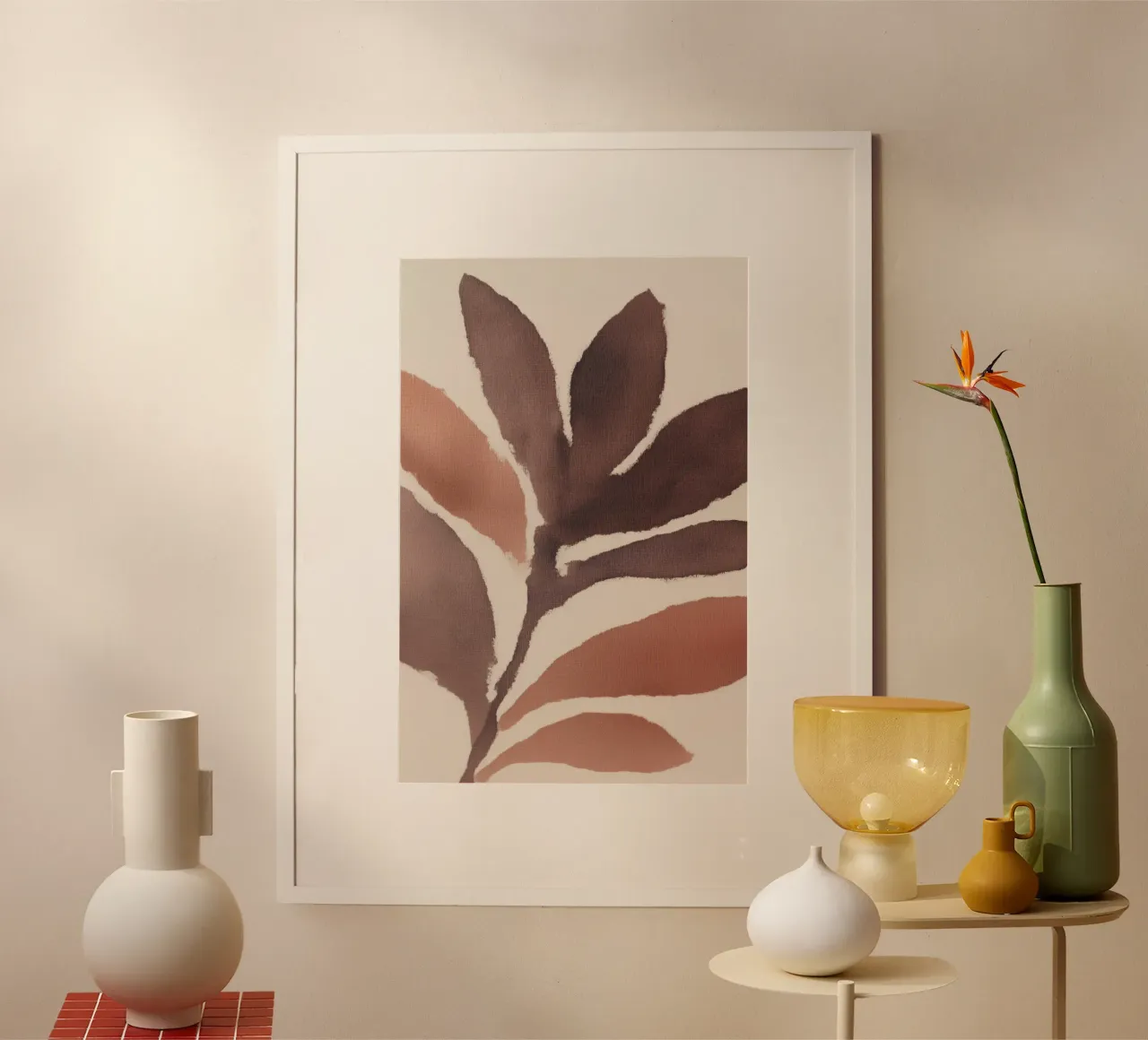 Foglie astratte nei toni della terra poster con telaio in plastica da Melloi Art Print