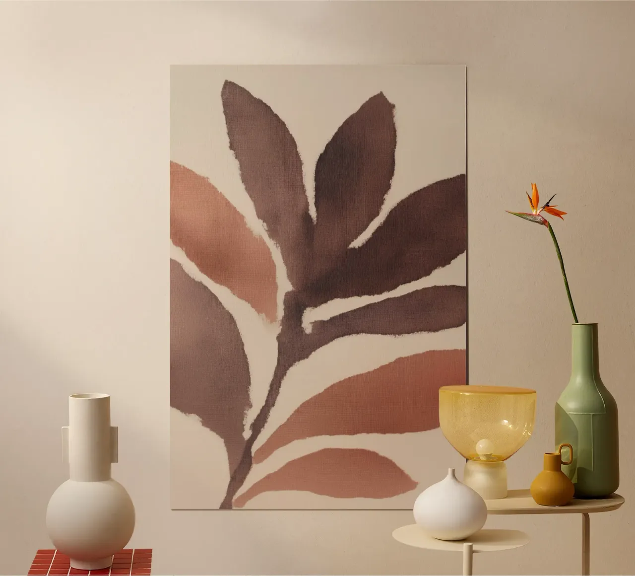 Foglie astratte nei toni della terra poster con telaio in plastica da Melloi Art Print