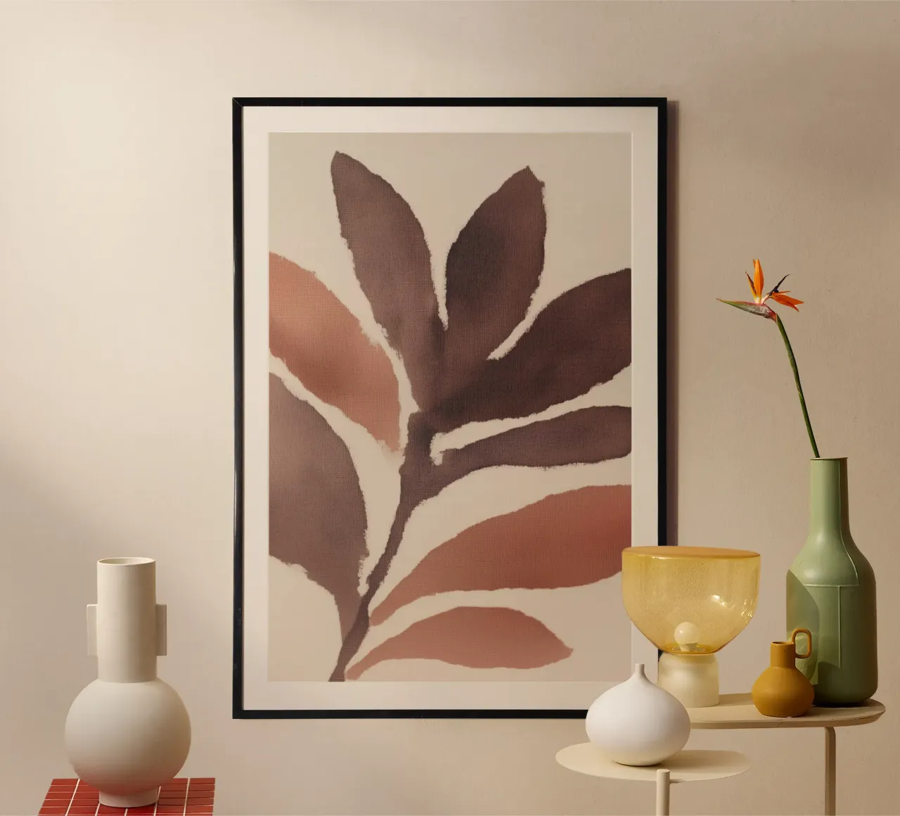 Foglie astratte nei toni della terra poster con telaio in plastica da Melloi Art Print