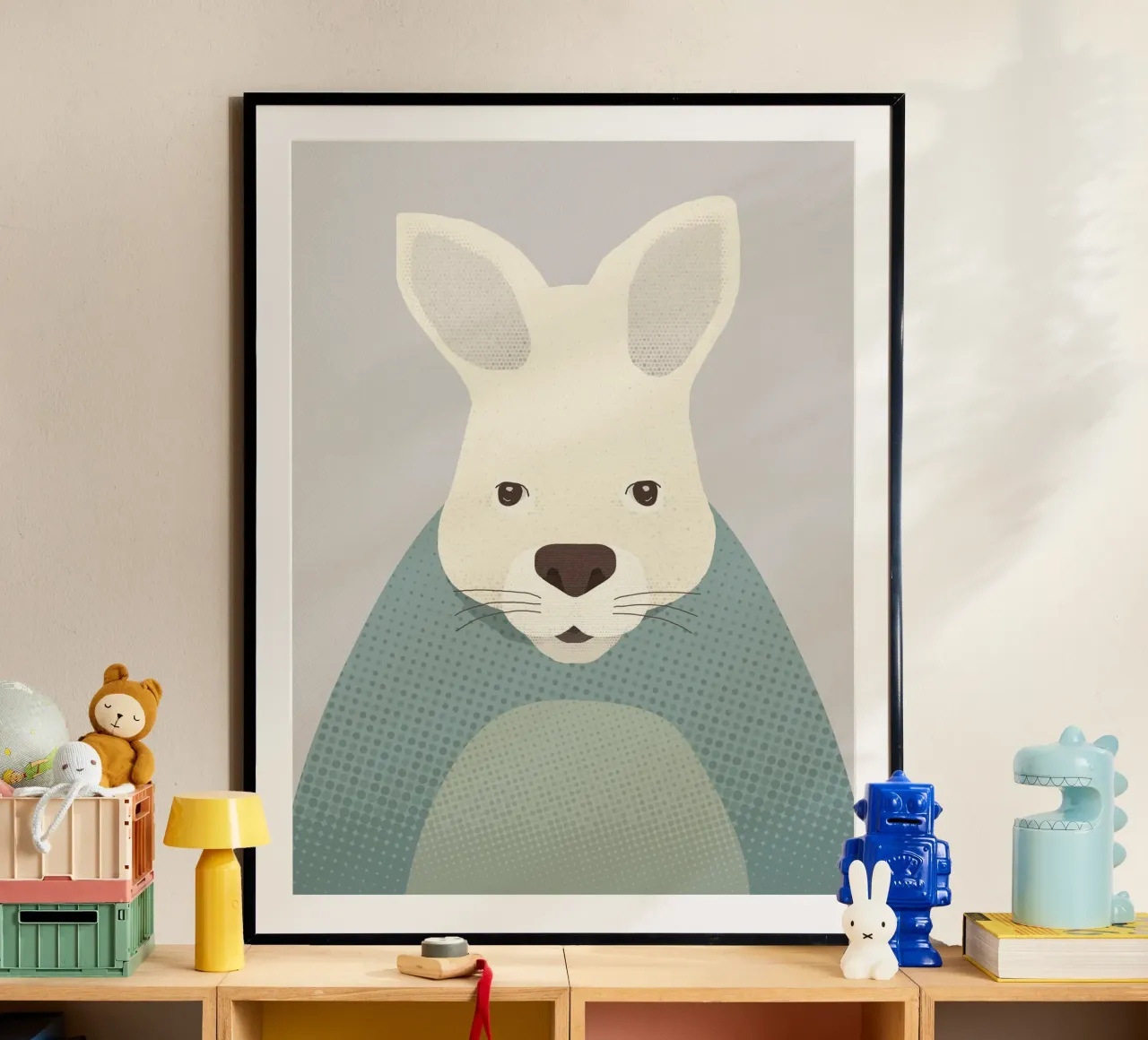 Whimsy Kangoeroe, Dierenportret poster met aluminium frame van The Printed Sparrow
