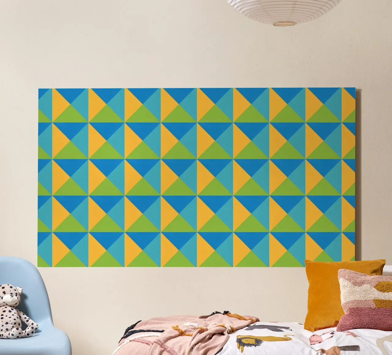 Design primaverile, colori giallo, verde, blu, forma geometrica tela con Cornice a cassetta da CreatedbySon