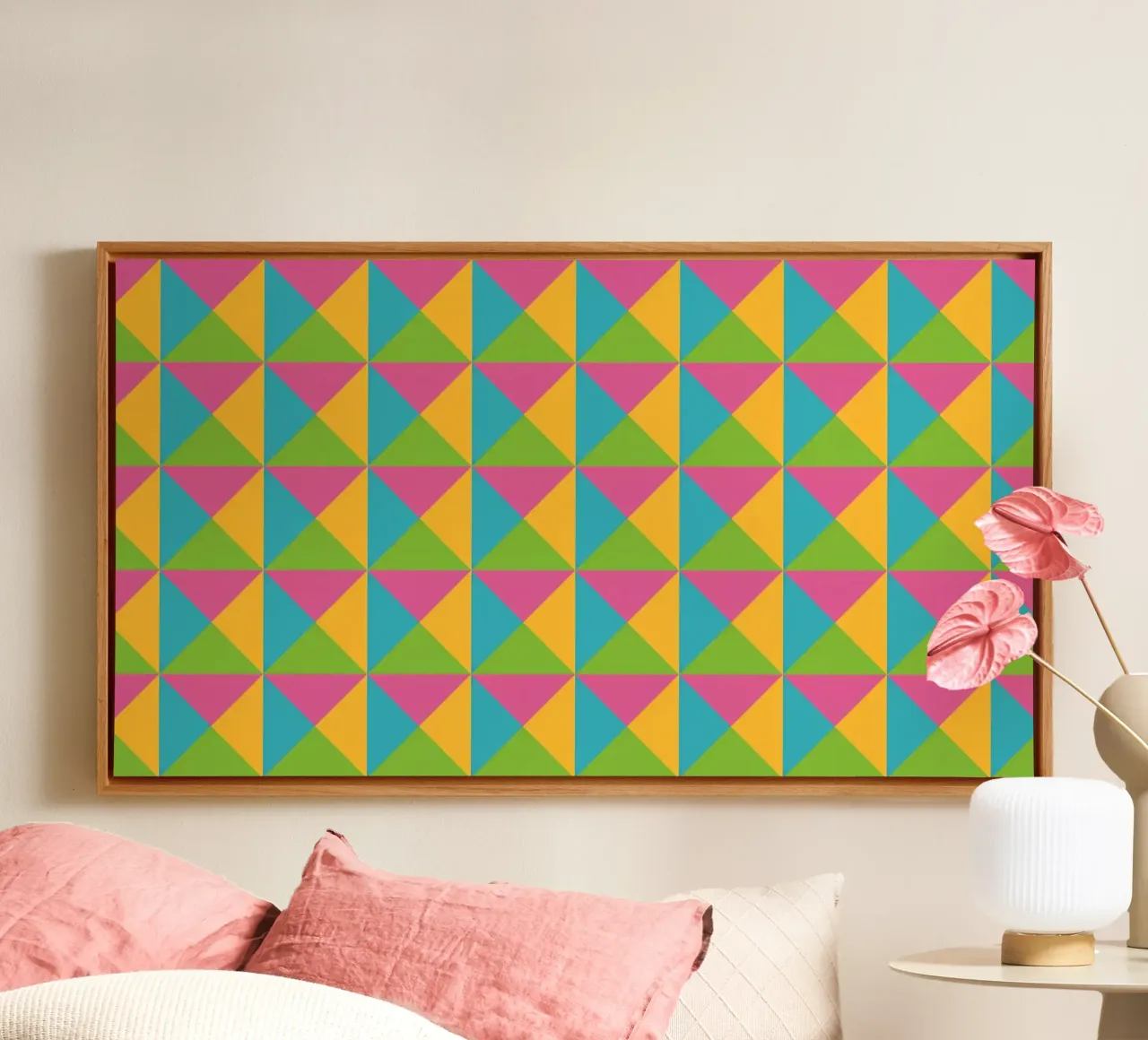 Design primaverile, colori giallo, verde, blu, forma geometrica tela con Cornice a cassetta da CreatedbySon
