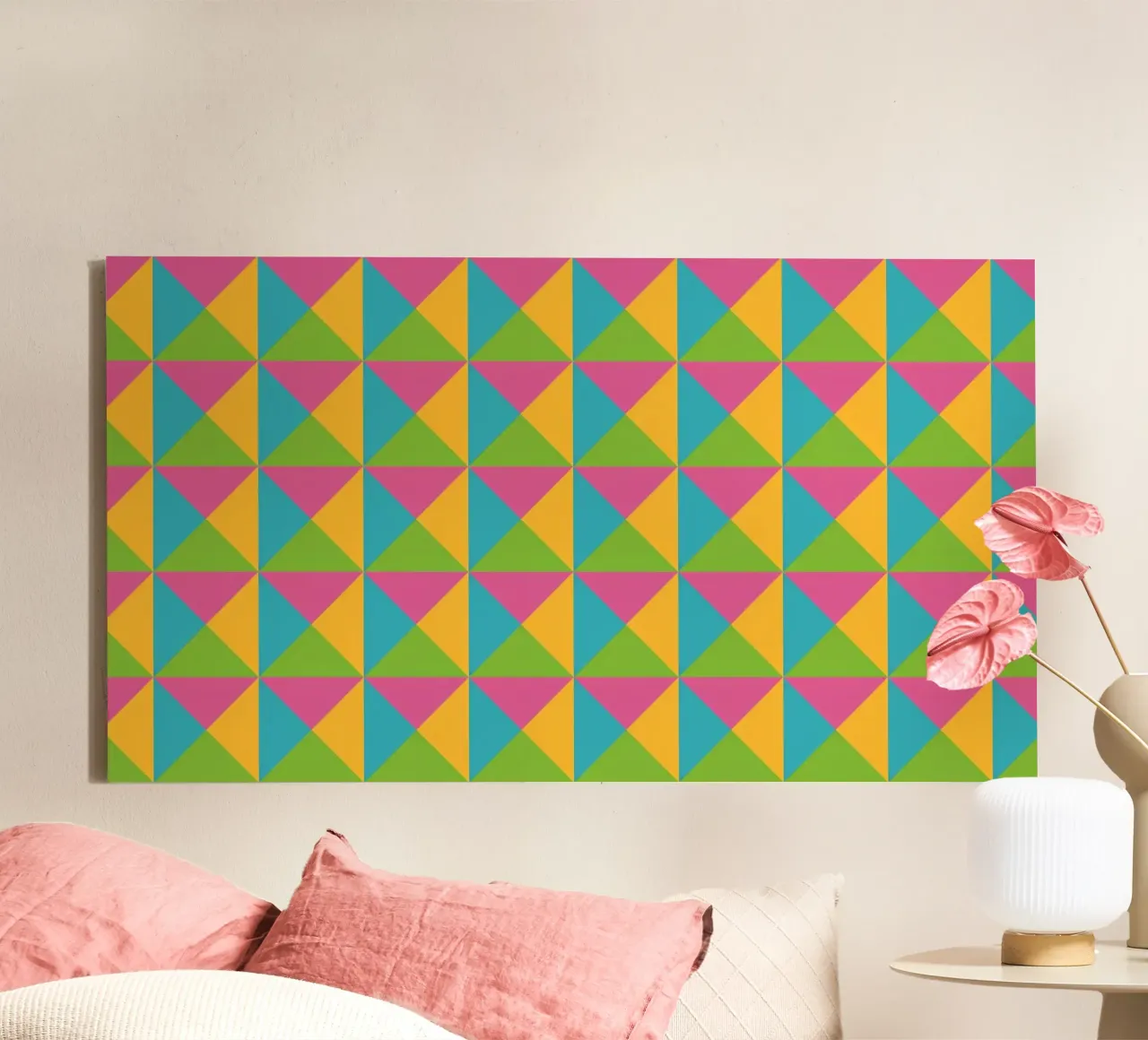 Design primaverile, colori giallo, verde, blu, forma geometrica tela con Cornice a cassetta da CreatedbySon