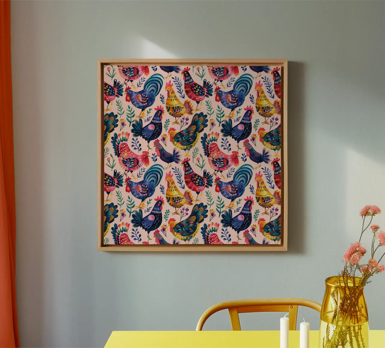 Whimsical Chickens canvas with Floater frame by Sunflower Soul Studio