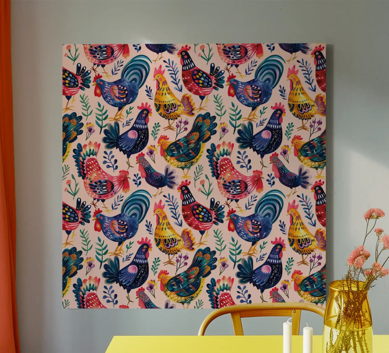 Whimsical Chickens canvas with Floater frame by Sunflower Soul Studio