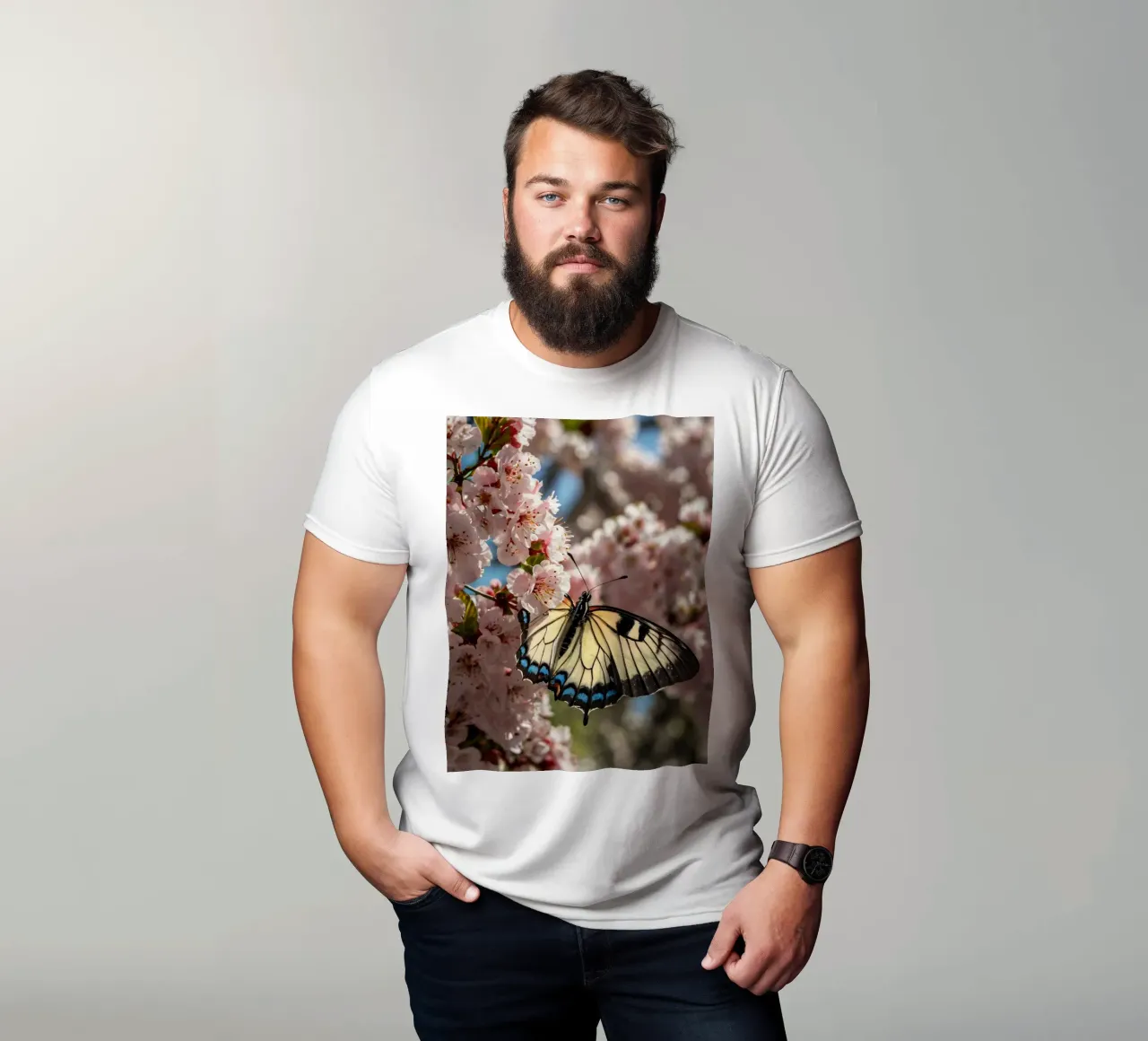 Una bellissima farfalla che si posa sui fiori di ciliegio in fiore t-shirt da DesignDoodle