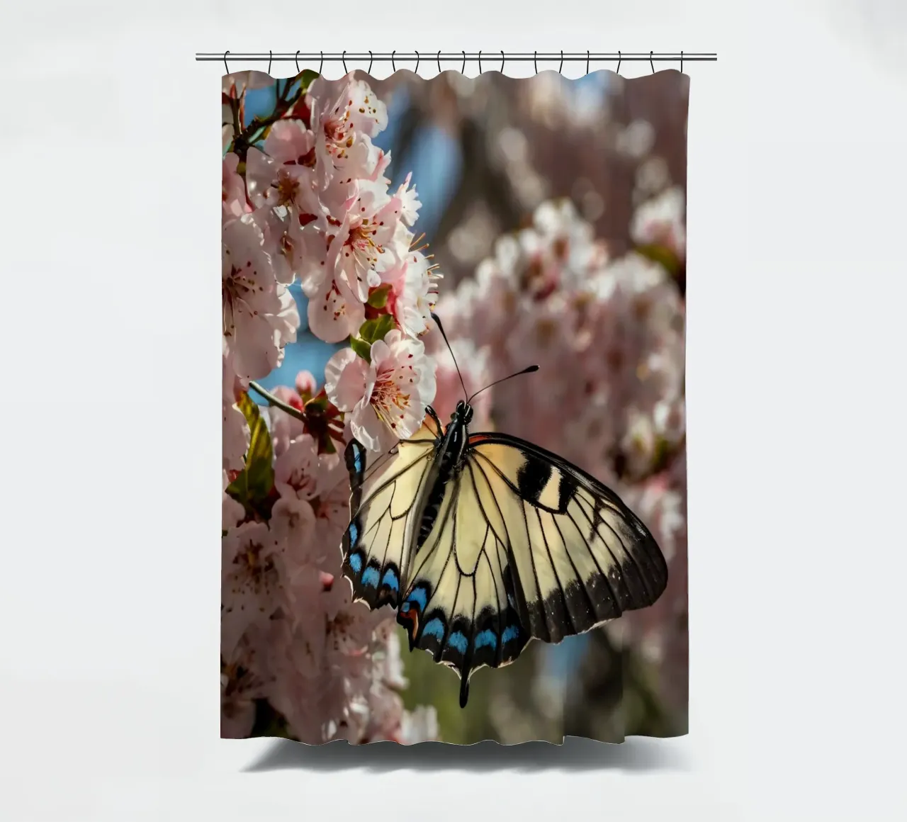 Una bellissima farfalla che si posa sui fiori di ciliegio in fiore tenda da doccia da DesignDoodle