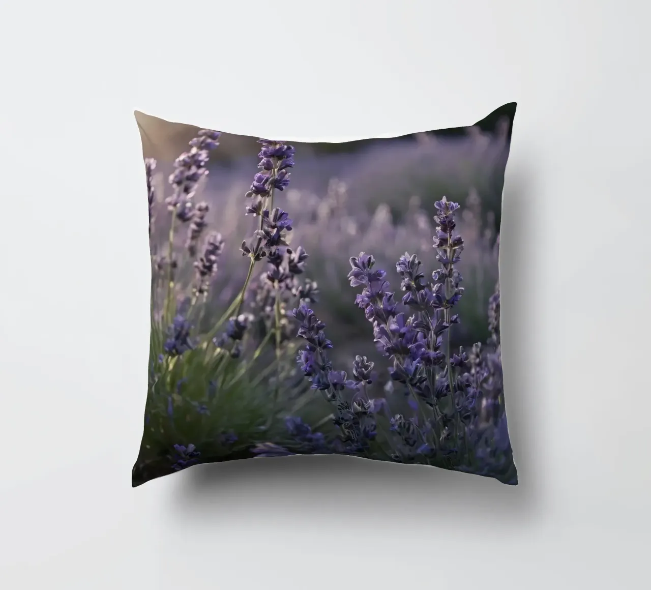 Lavender fields in full bloom during golden hour decorative cushion by DesignDoodle