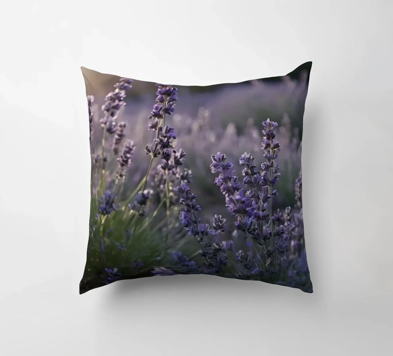 Lavender fields in full bloom during golden hour decorative cushion by DesignDoodle