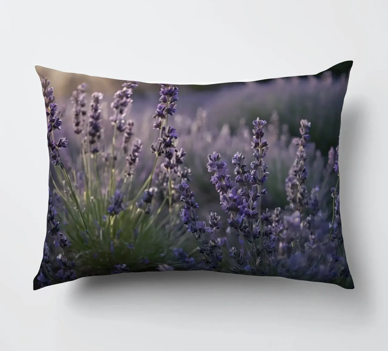 Lavender fields in full bloom during golden hour decorative cushion by DesignDoodle