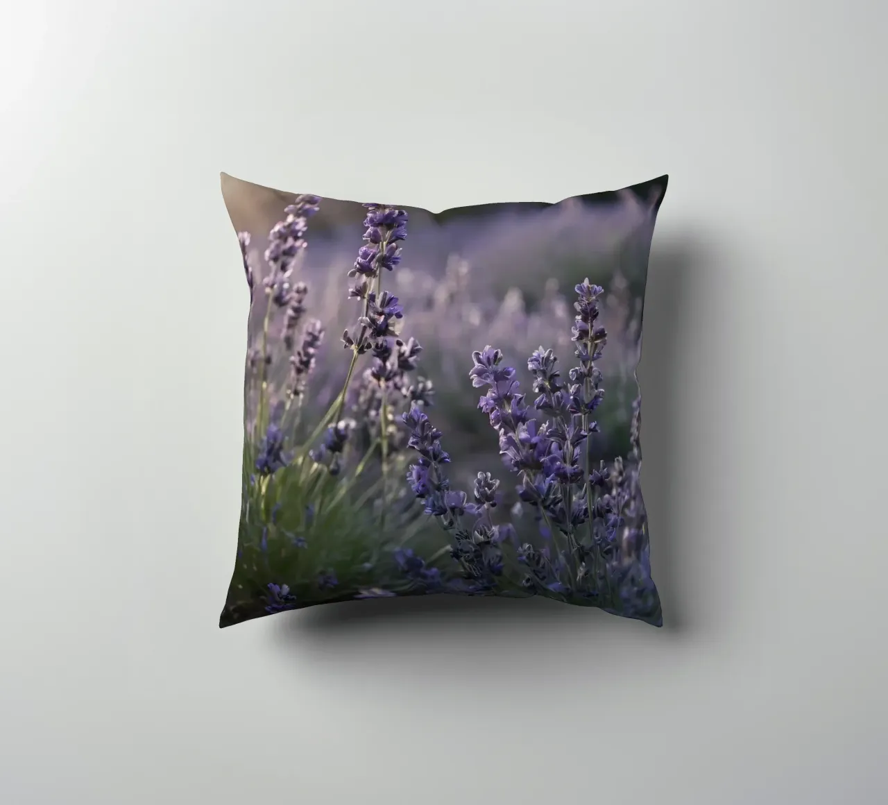 Lavender fields in full bloom during golden hour decorative cushion by DesignDoodle