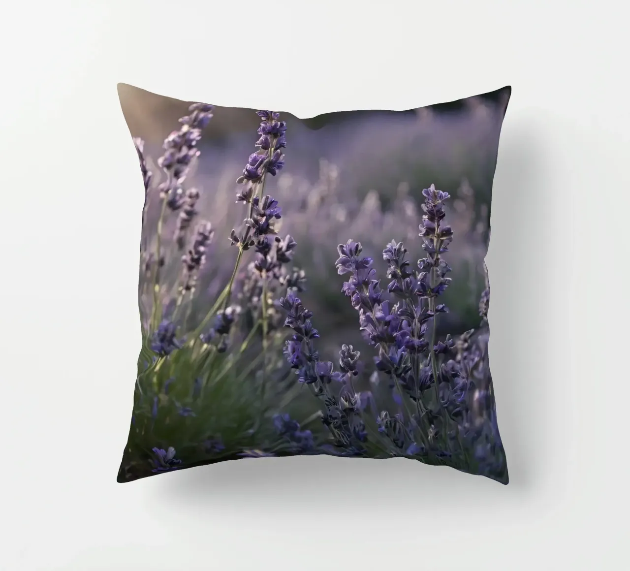 Lavender fields in full bloom during golden hour decorative cushion by DesignDoodle
