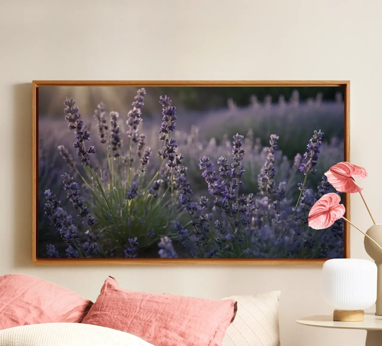 Lavender fields in full bloom during golden hour canvas with Floater frame by DesignDoodle