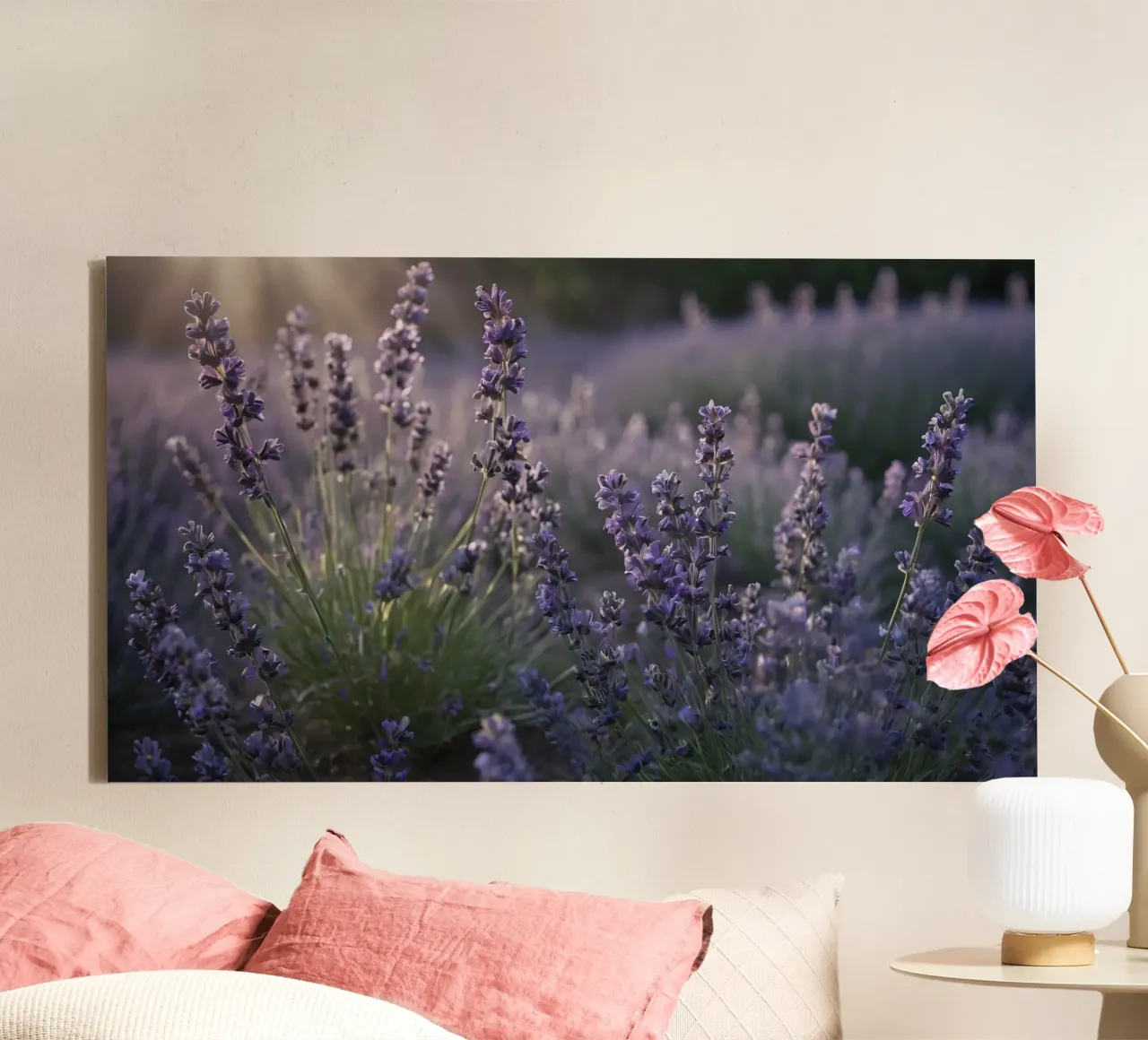 Lavender fields in full bloom during golden hour canvas with Floater frame by DesignDoodle