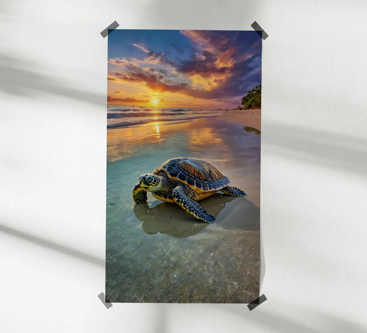 Een groene zeeschildpad duikt op op het zandstrand bij zonsondergang poster van DesignDoodle