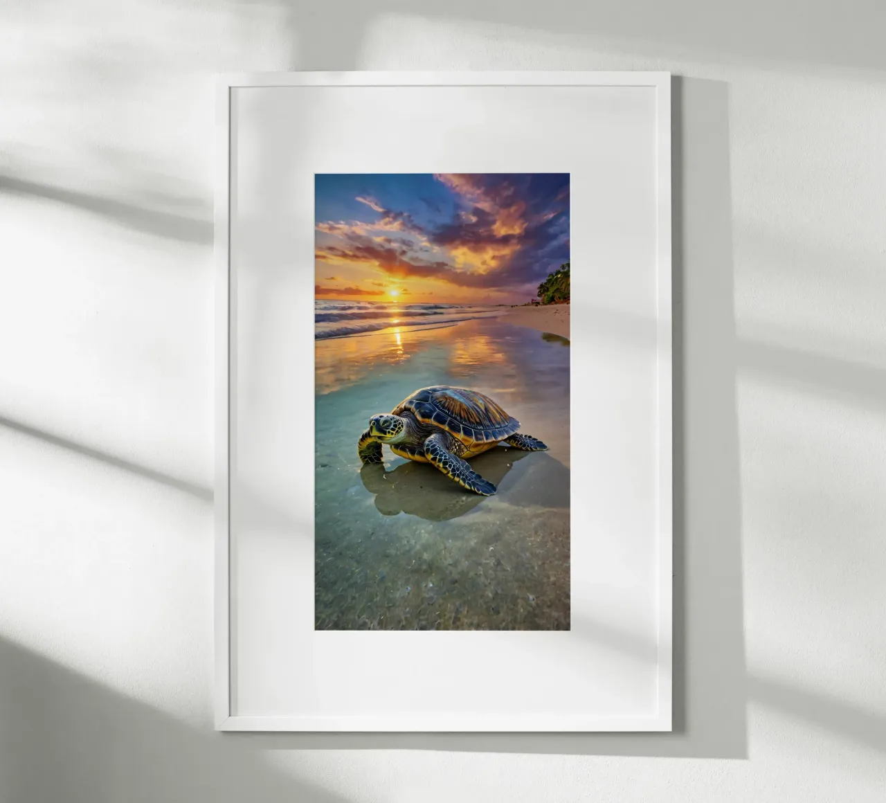 Een groene zeeschildpad duikt op op het zandstrand bij zonsondergang poster van DesignDoodle