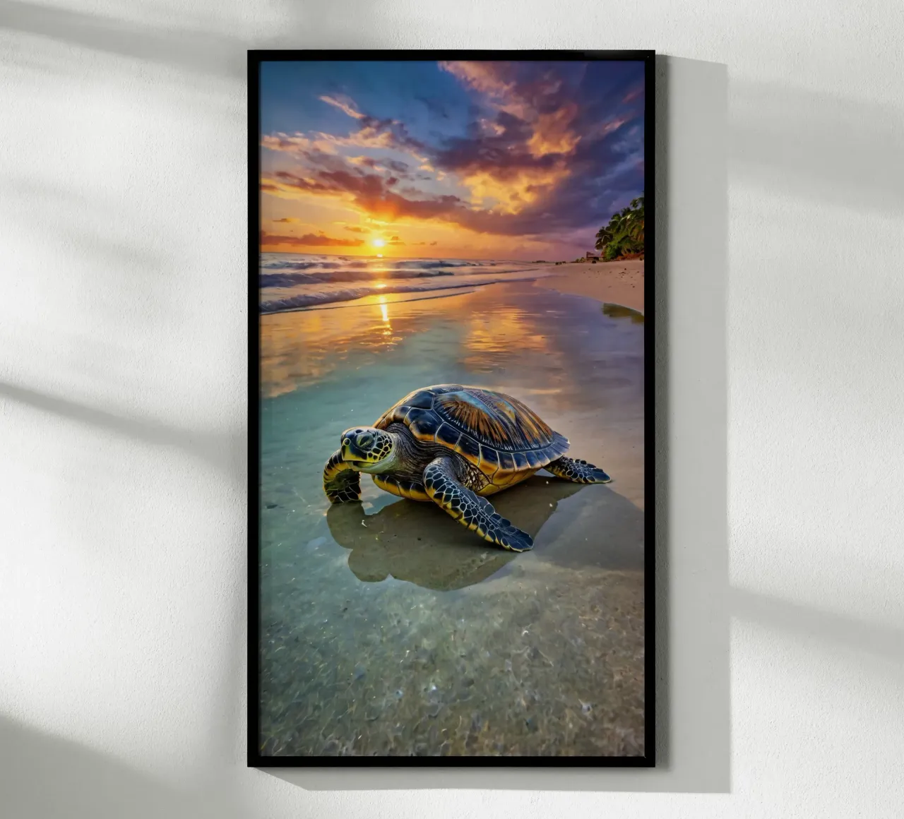 Een groene zeeschildpad duikt op op het zandstrand bij zonsondergang poster van DesignDoodle