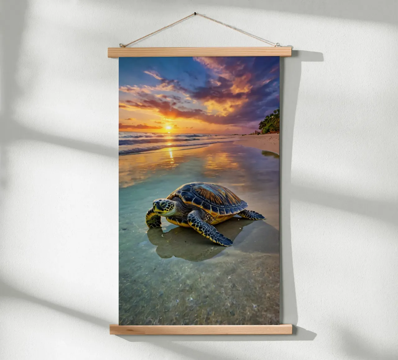 Een groene zeeschildpad duikt op op het zandstrand bij zonsondergang poster van DesignDoodle
